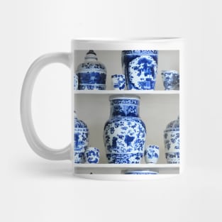 Shelves with blue and white chinoiserie jars Mug